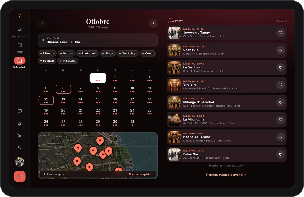Tanguear on an Android tablet: the month calendar beside the events of the night