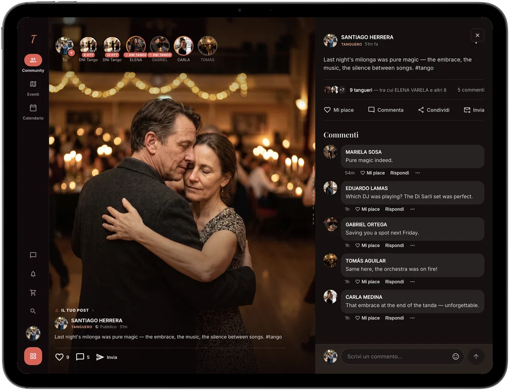 Tanguear on an iPad: the community feed beside a post and its comments